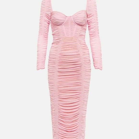 NEW! Self Portrait Pink Power Mesh Long Sleeve Midi Dress Pink - Picture 8 of 11